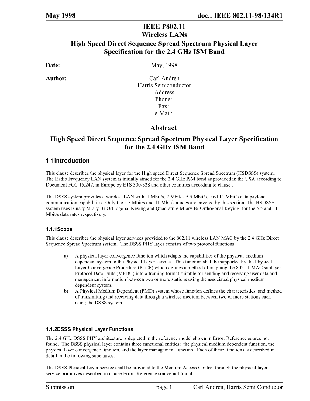 High Speed Direct Sequence Spread Spectrum Physical Layer Specification for the 2.4 Ghz