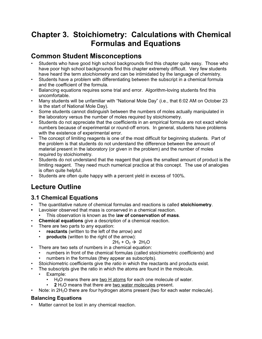 Chapter 3. Stoichiometry: Calculations with Chemical Formulas and Equations