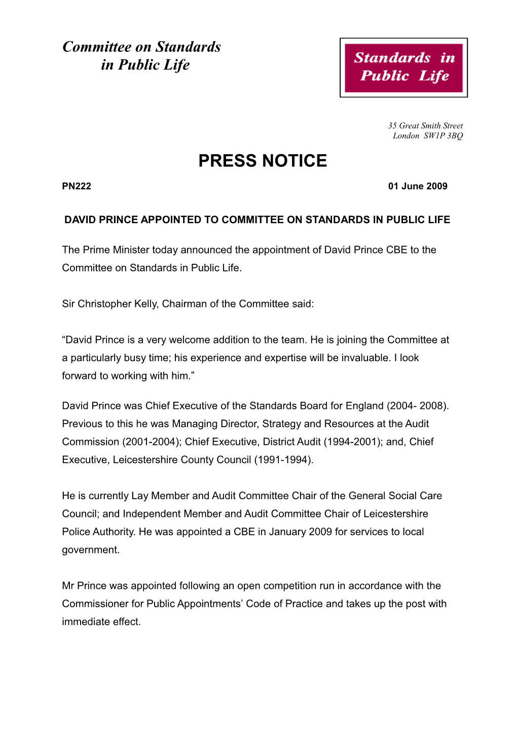 Appointments to the Committee on Standards in Public Life