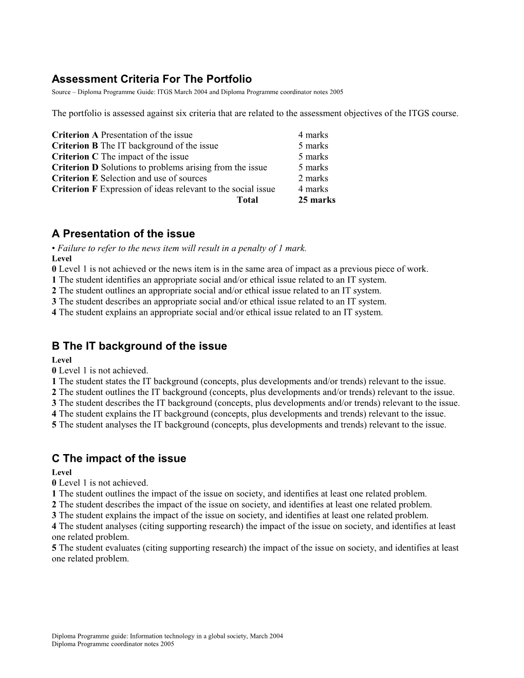 Assessment Criteria for the Portfolio