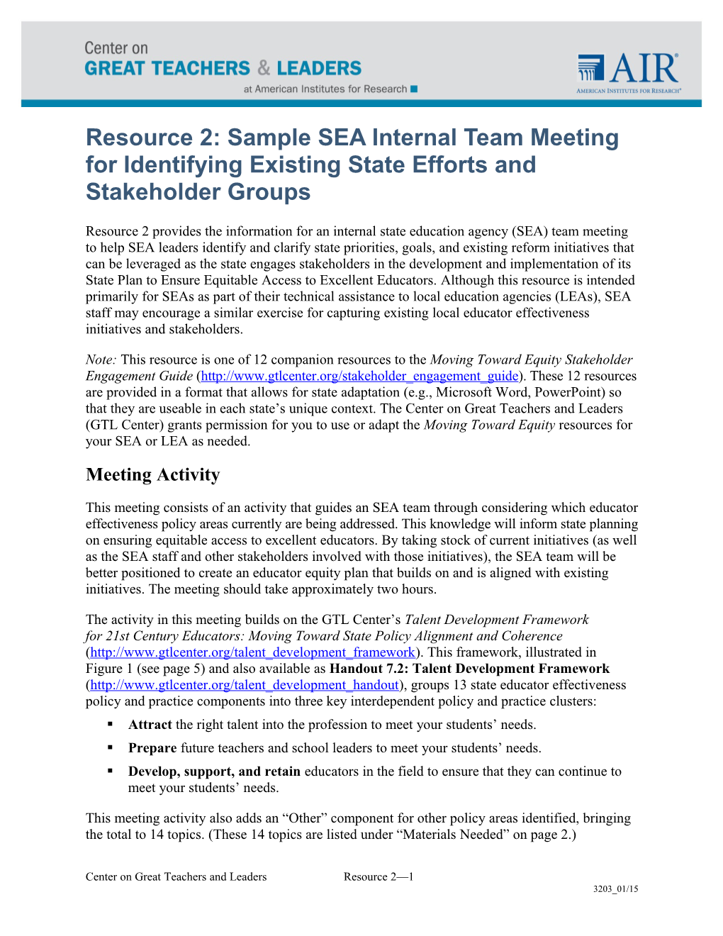 Resource 2: Sample SEA Internal Team Meeting for Identifying Existing State Efforts And