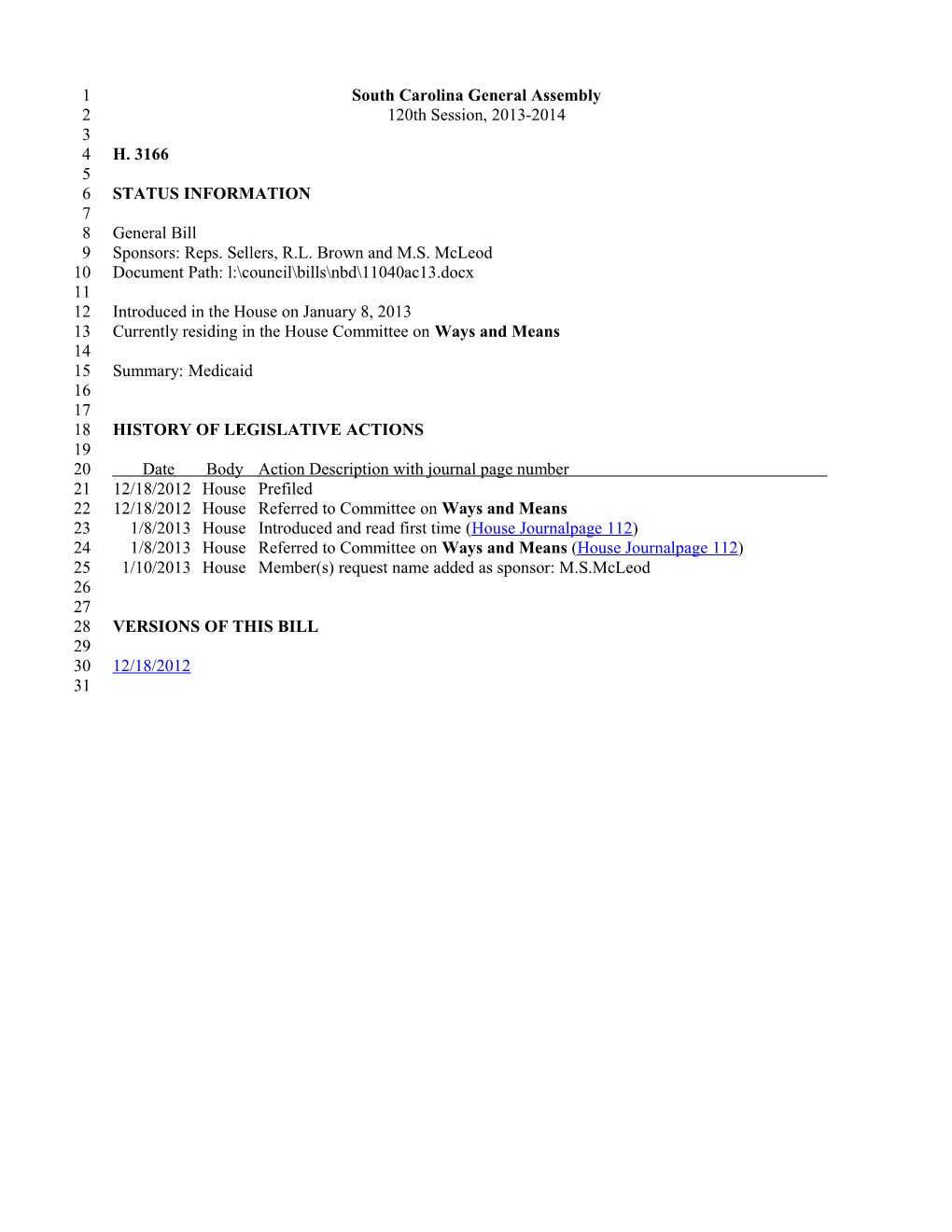 2013-2014 Bill 3166: Medicaid - South Carolina Legislature Online