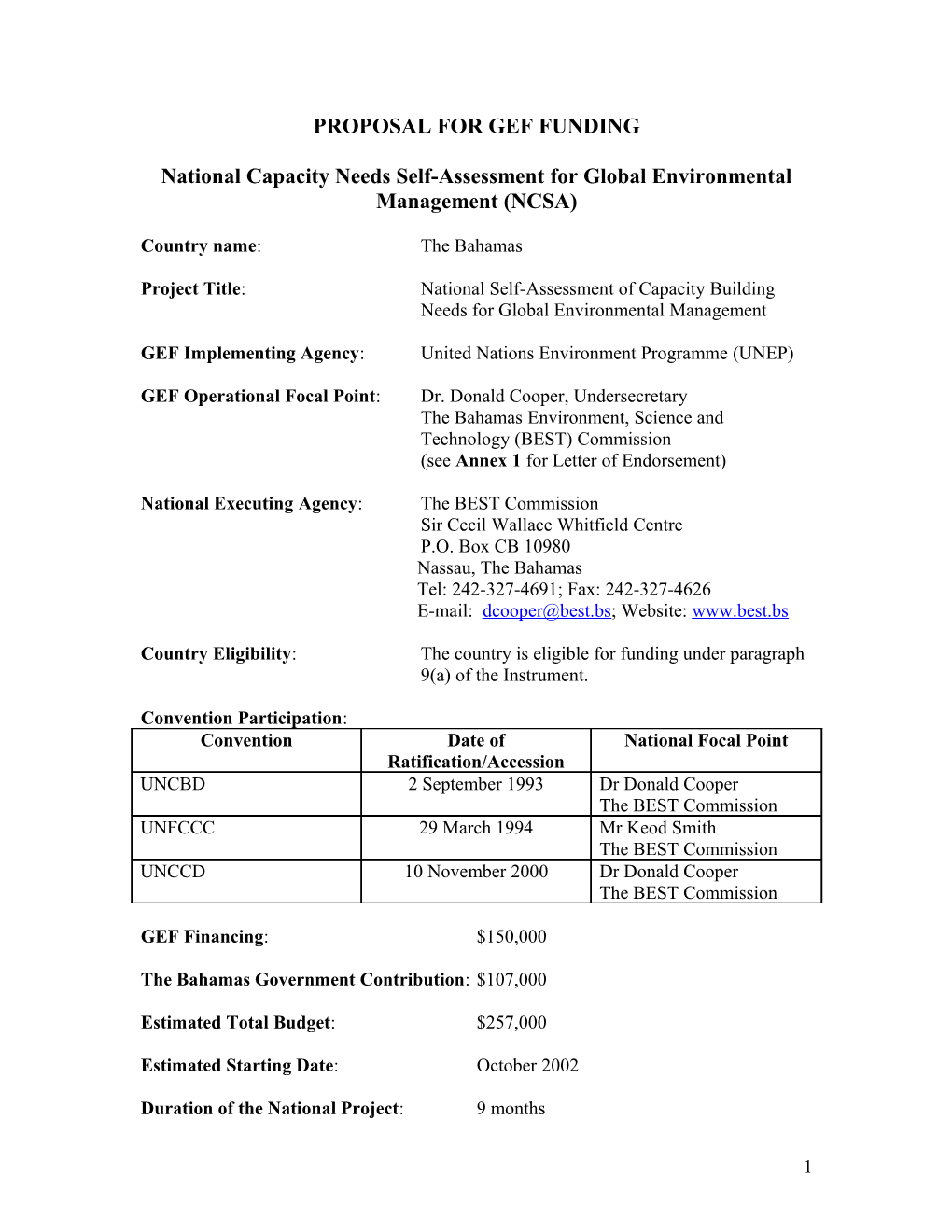 Project Proposal for National Self-Assessment of Capacity Needs for Global Environmental