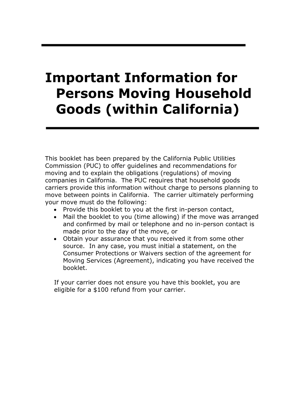 Important Information for Persons Moving Household Goods (Within California)