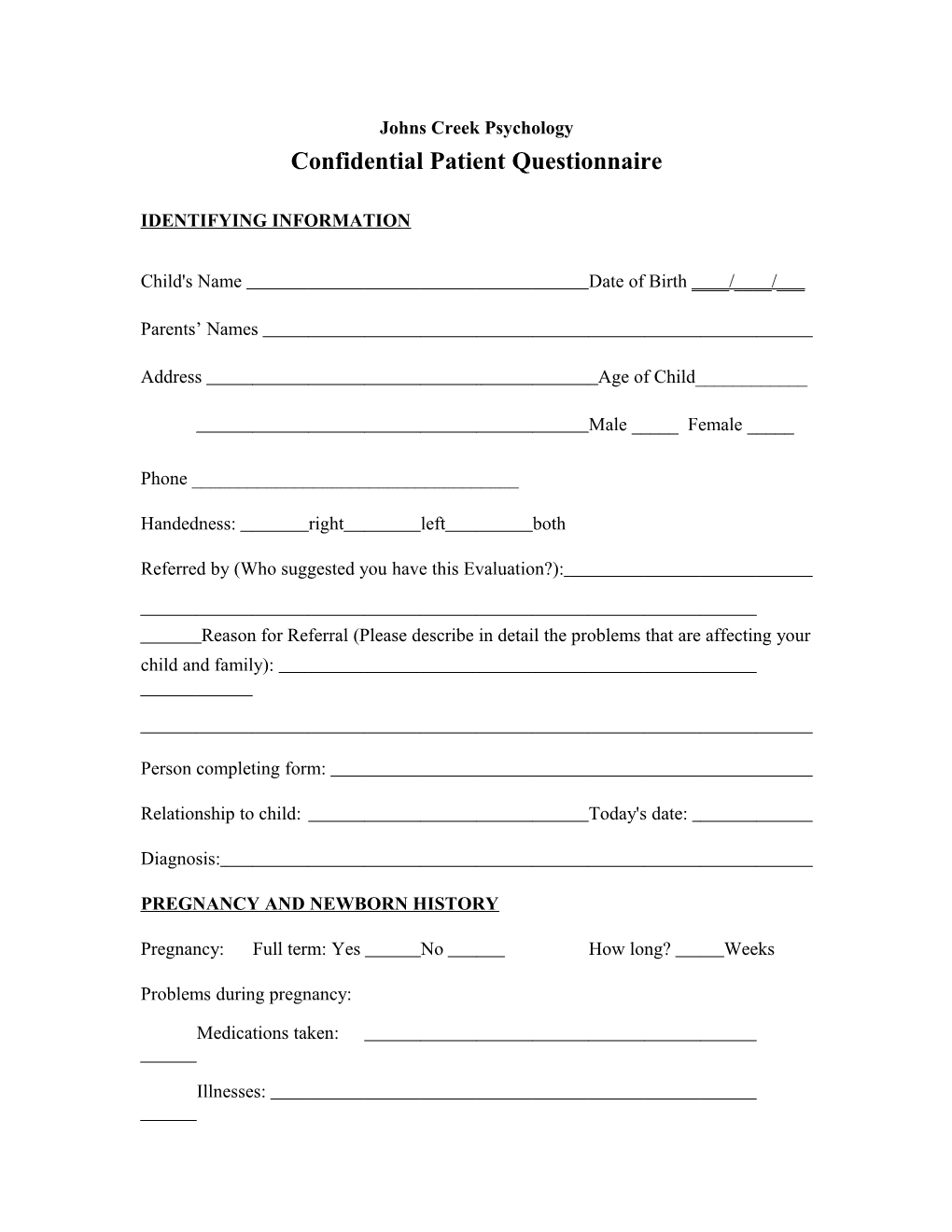 Confidential Patient Questionnaire