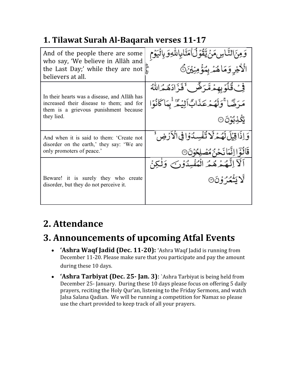 Atfal Classes Topics for Dec. 7-13, 2015