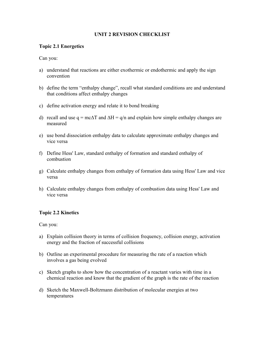 Unit 2 Revision Checklist