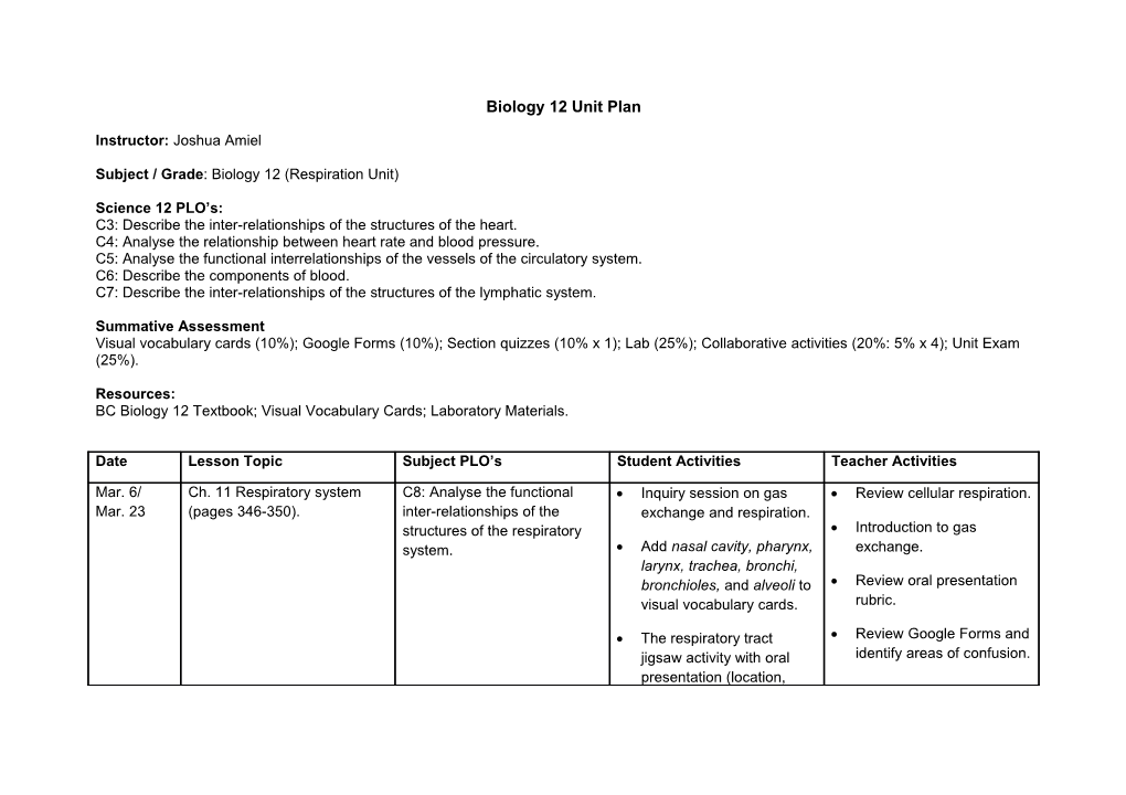 Biology 12 Unit Plan