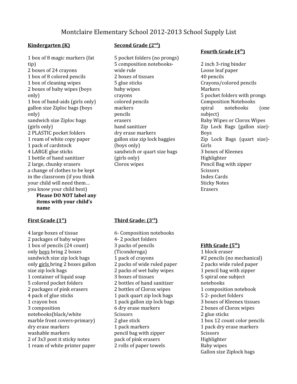 Montclaire Elementary School 2012-2013 School Supply List