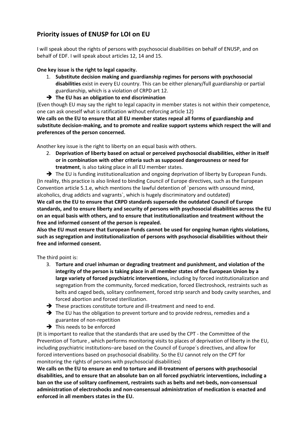 Priority Issues of ENUSP for LOI on EU