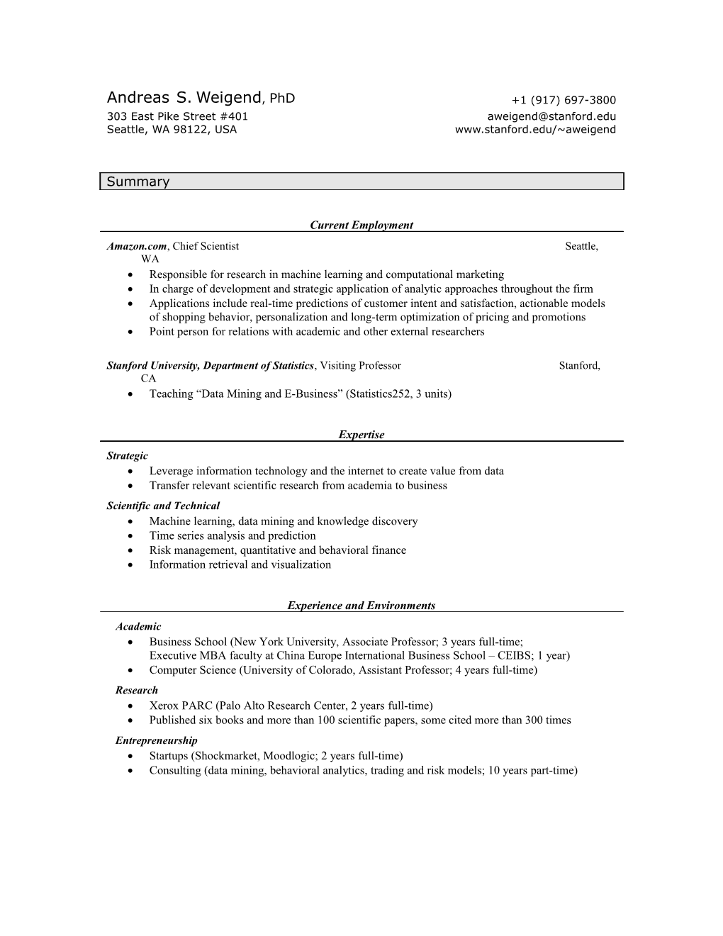 Andreas Weigend.Com RESUME