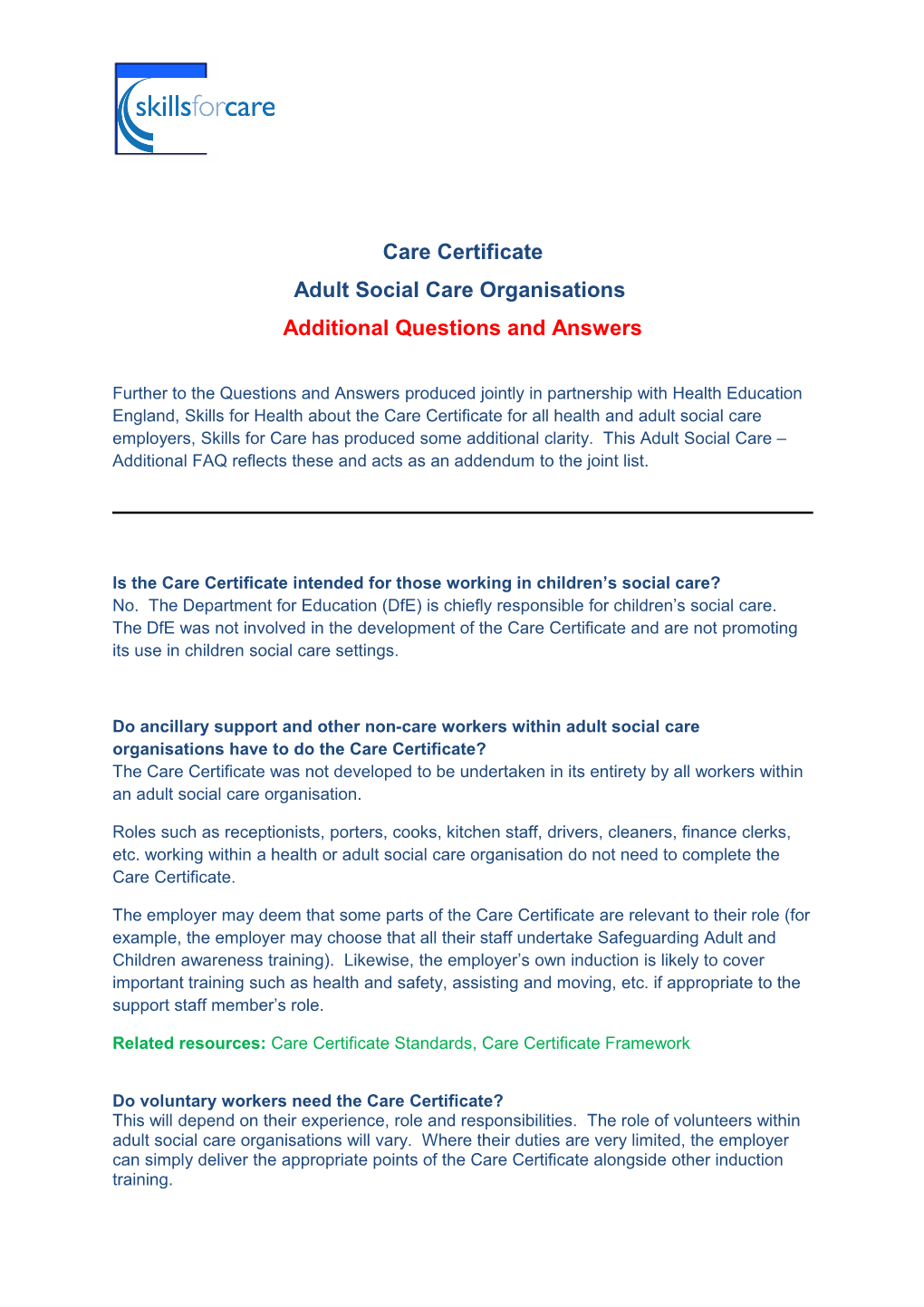 Care Certificate - Questions and Answers Additional for Adult Social Care