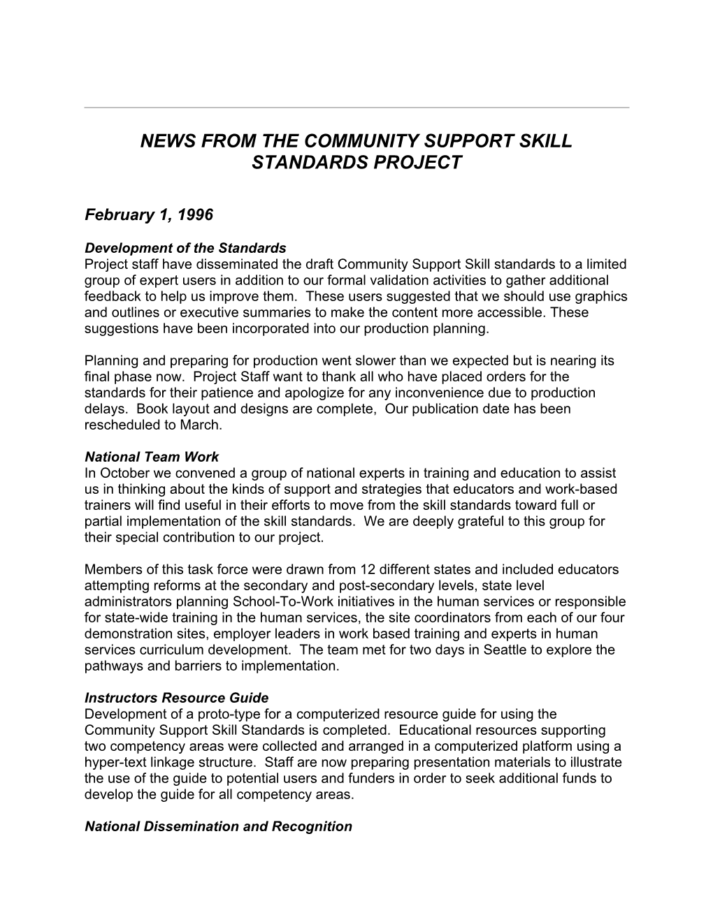 Community Support Skill Standards Project Update