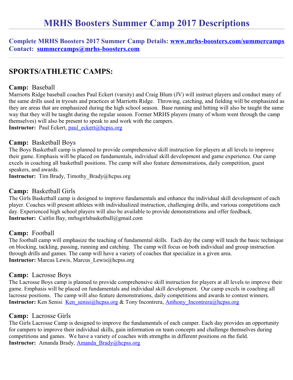 MRHS Boosters Summer Camp Descriptions