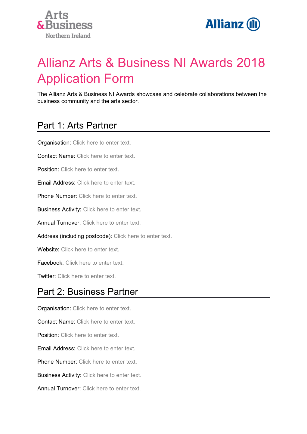 Allianz Arts & Business NI Awards 2018 Application Form
