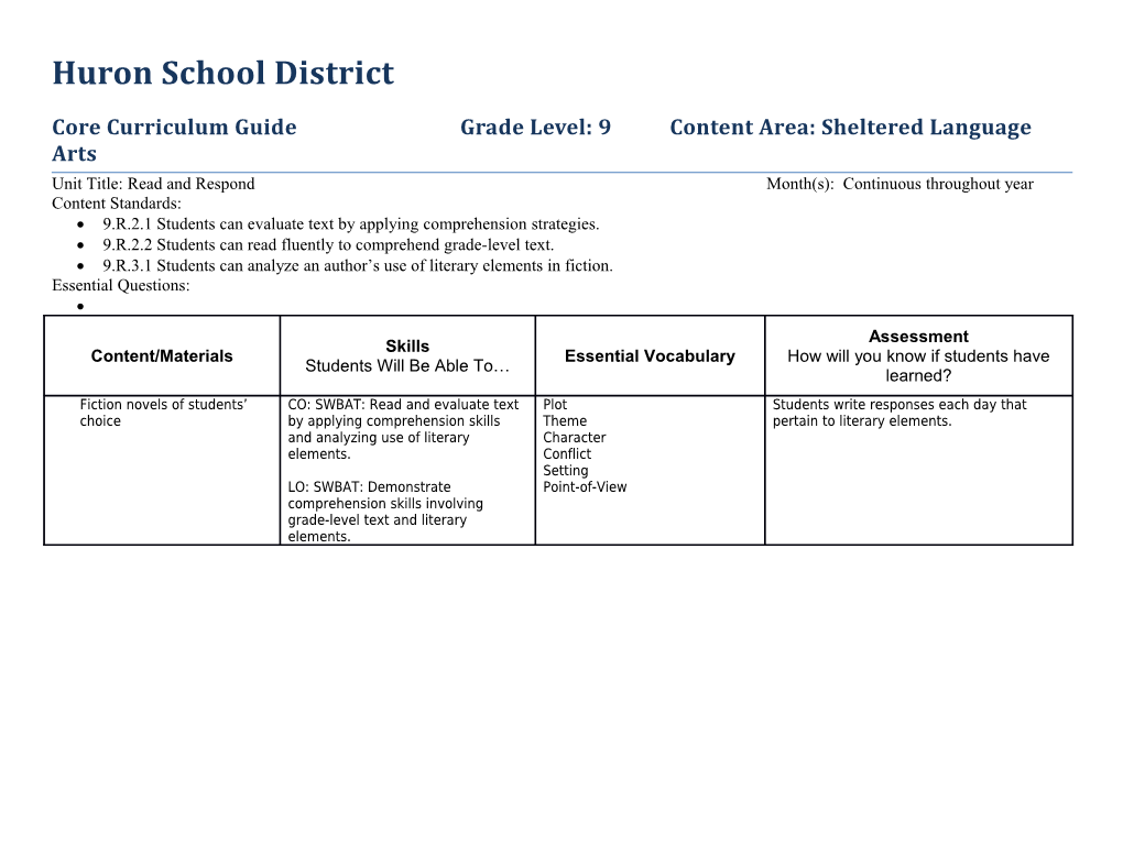 Core Curriculum Guidegrade Level: 9 Content Area: Sheltered Language Arts