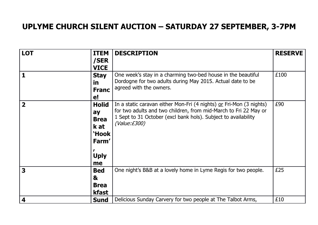 Uplyme Church Silent Auction Saturday 27 September, 3-7Pm