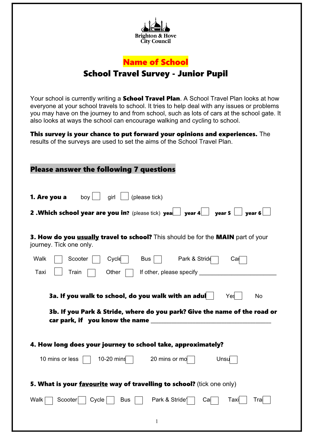 School Travel Plan Questionnaire
