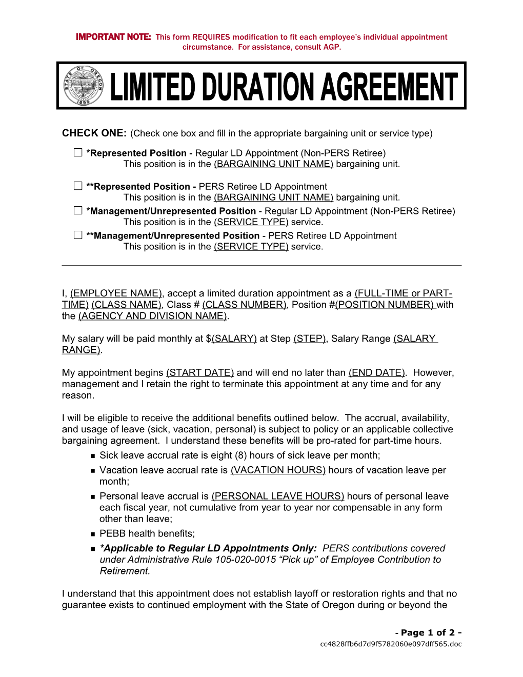 *Represented Position - Regular LD Appointment (Non-PERS Retiree)