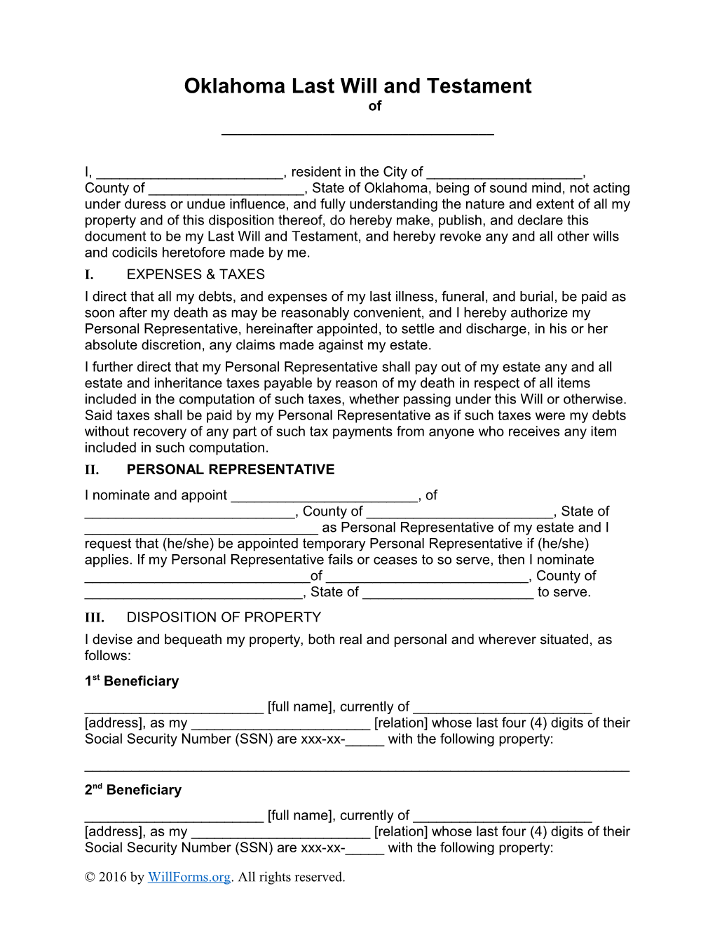 Oklahoma Last Will and Testament Form