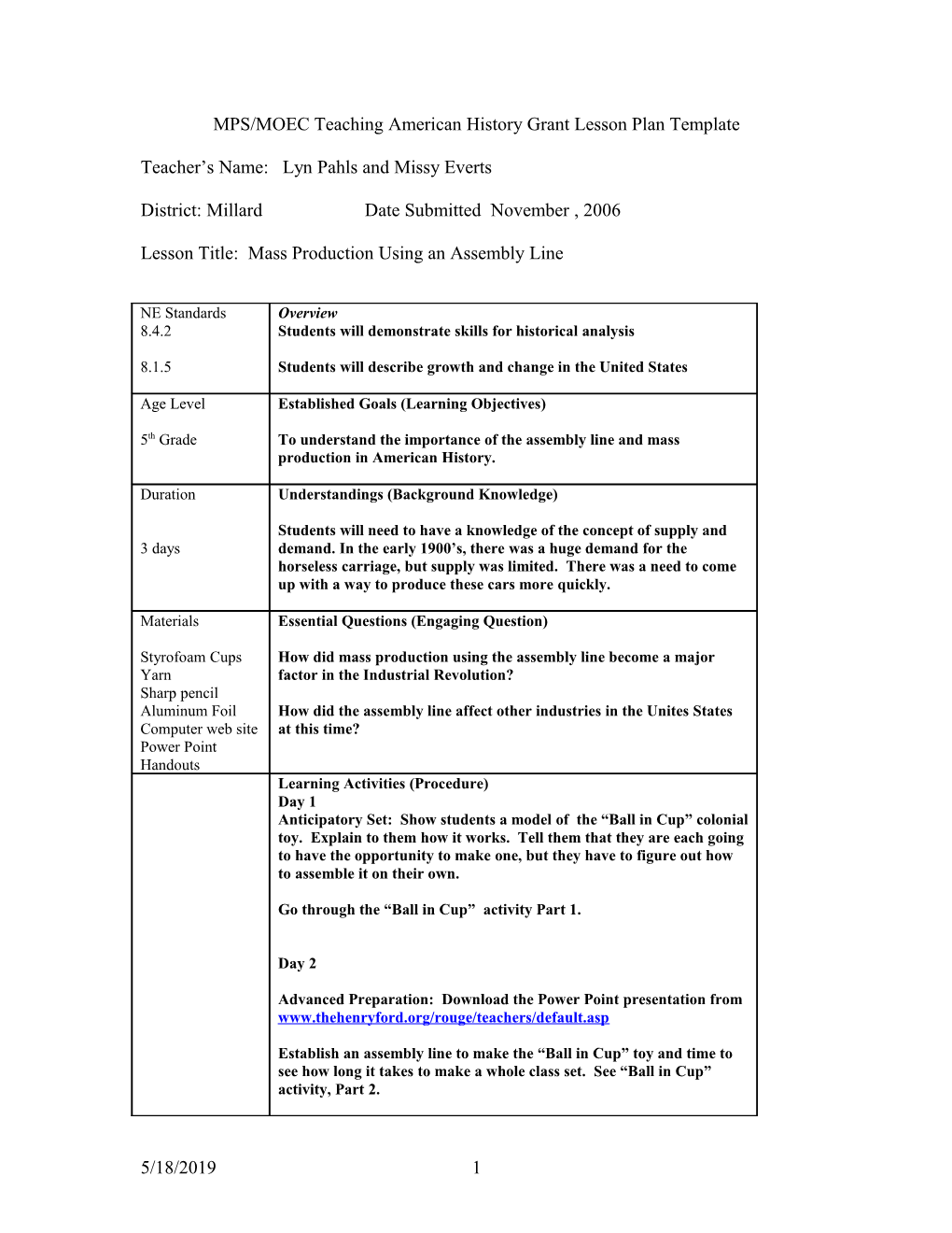 MPS/MOEC Teaching American History Grant Lesson Plan Template