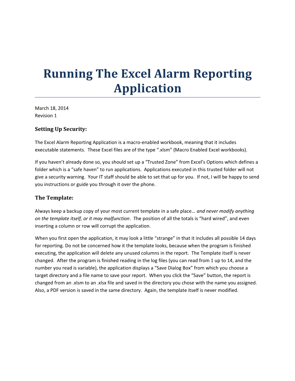 Running Theexcel Alarm Reporting Application