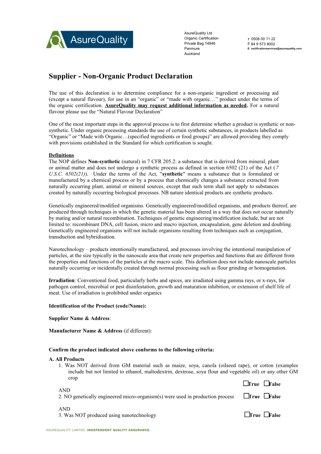 Supplier - Non-Organic Product Declaration