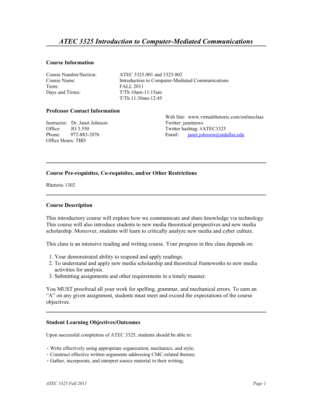 ATEC 3325 Introduction to Computer-Mediated Communications