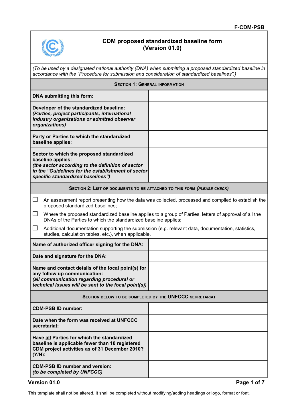 F-CDM-PSB: CDM Proposed Standardized Baseline Form. Version 01.0