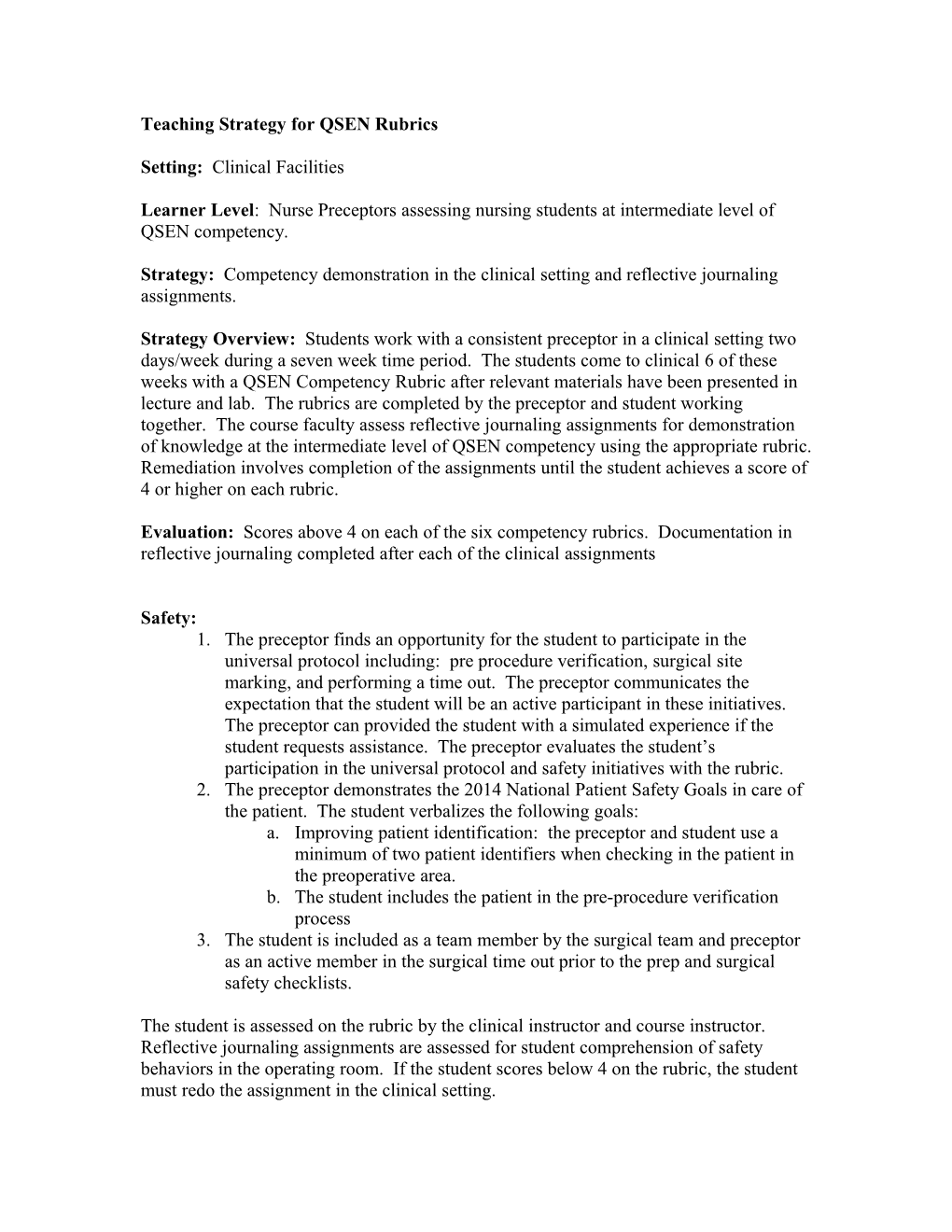 Teaching Strategy for QSEN Rubrics