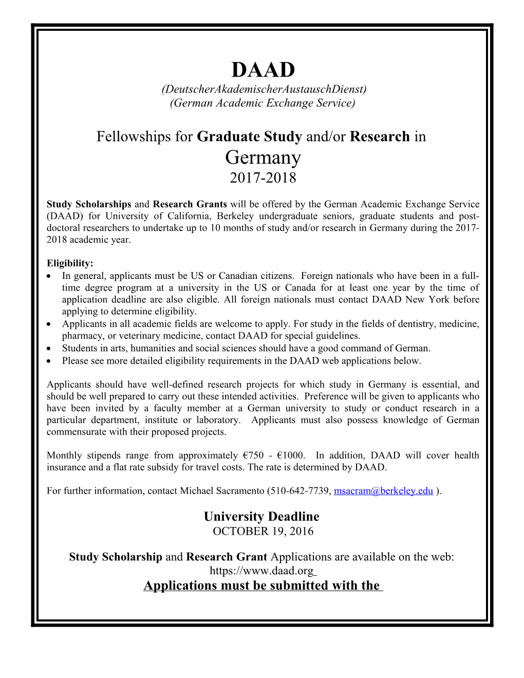 Fellowship for Graduate Study and Research in Germany