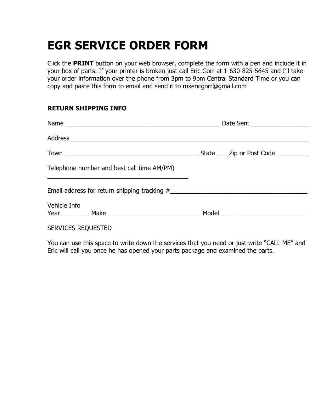 Egr Service Order Form