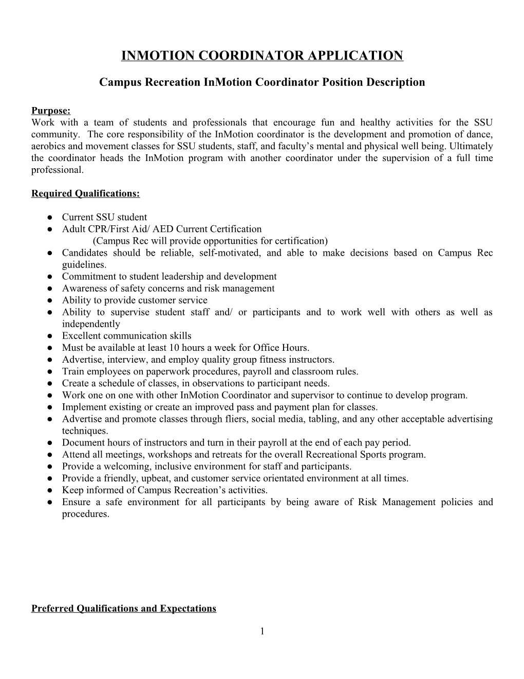 Campus Recreation Inmotion Coordinator Position Description