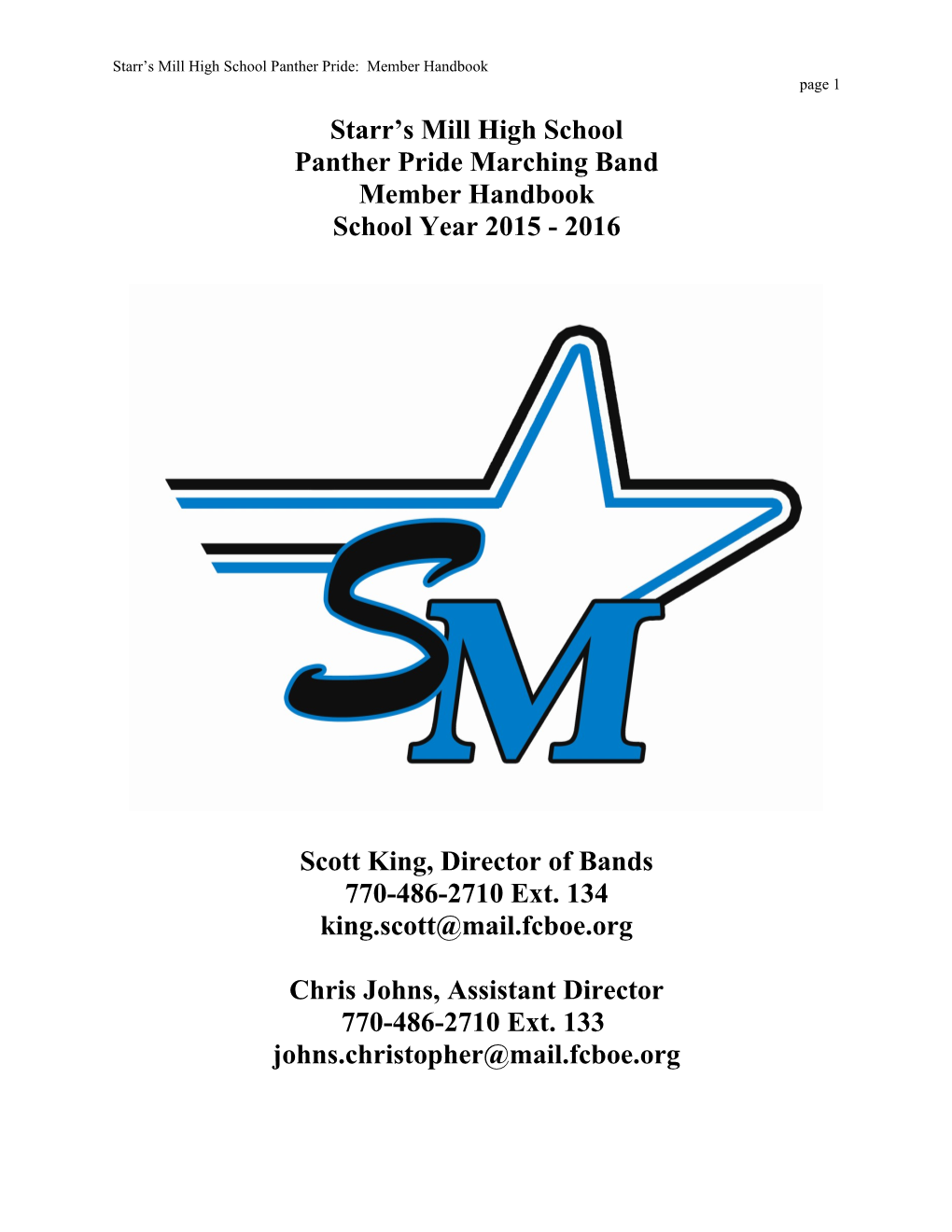 Starr S Mill High School Panther Pride: Member Handbook Page 1