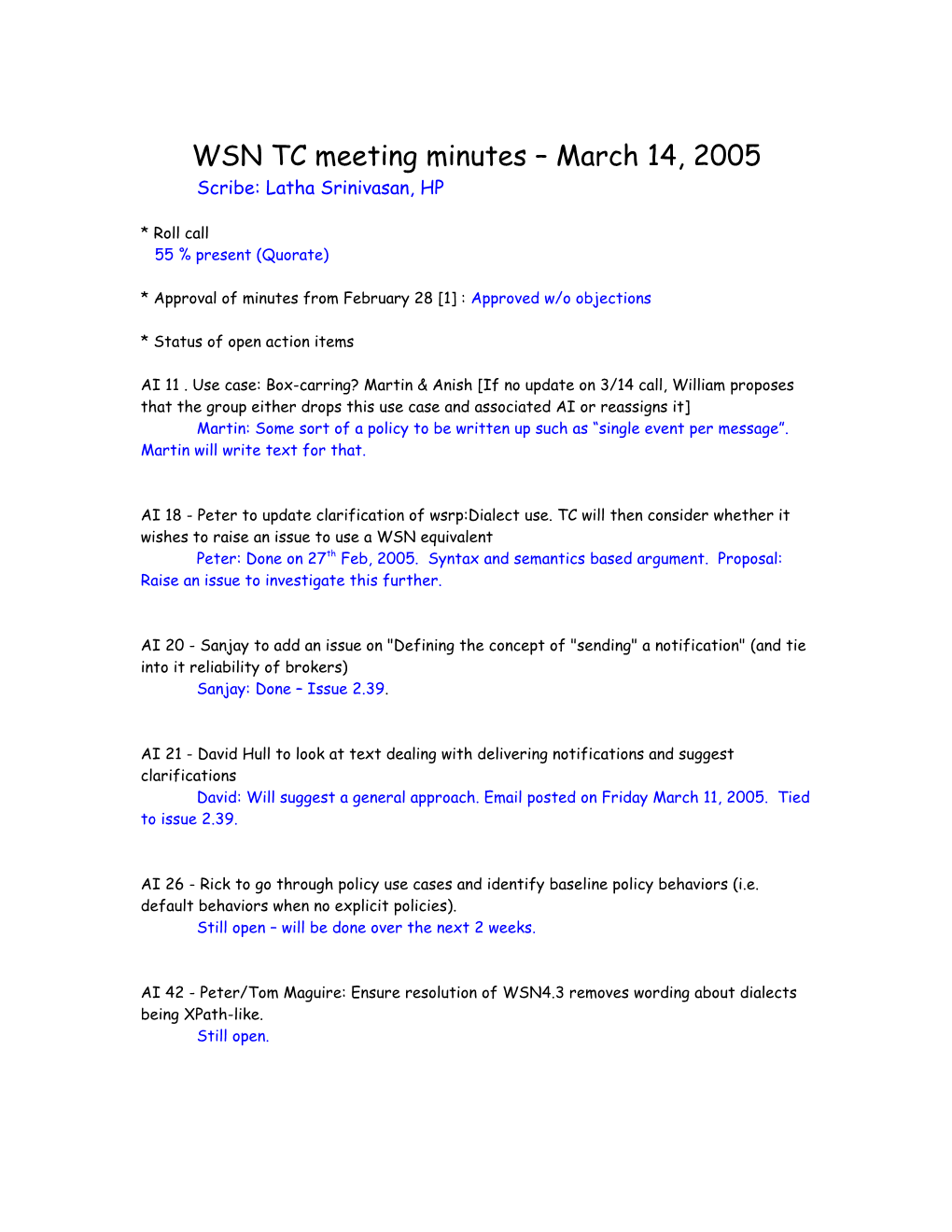 WSN TC Meeting Minutes March 14, 2005