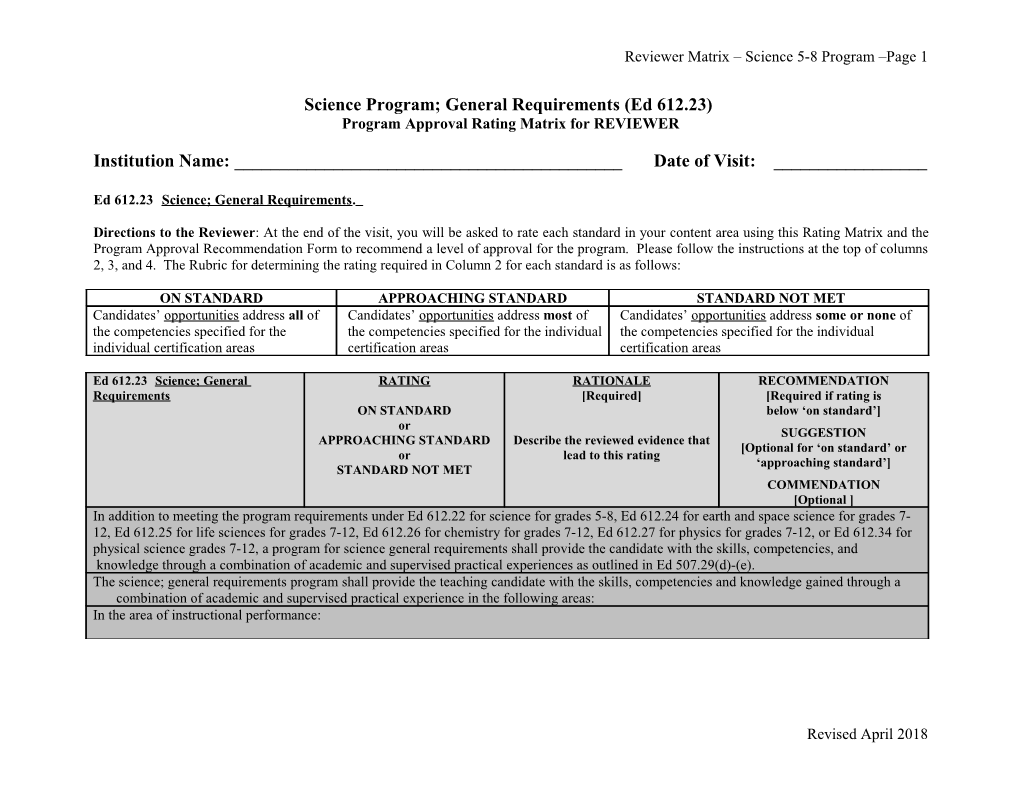 Science Program; General Requirements (Ed 612.23)