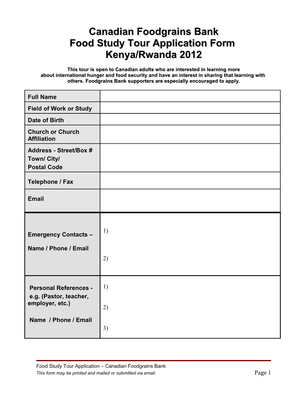 Food Study Tour Application Form 2001/2002