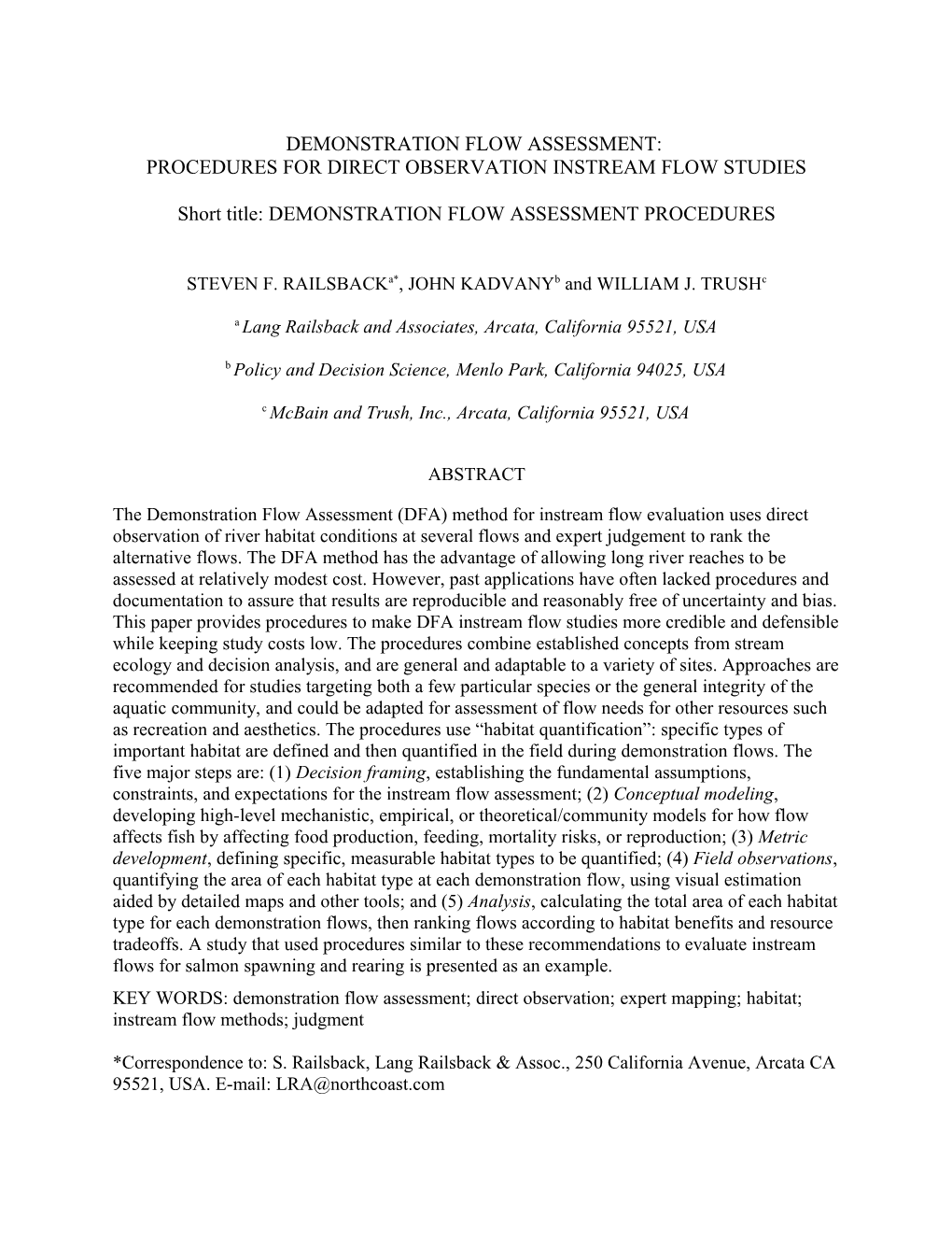 Demonstration Flow Assessment: Procedures for Judgement-Based Instream Flow Studies