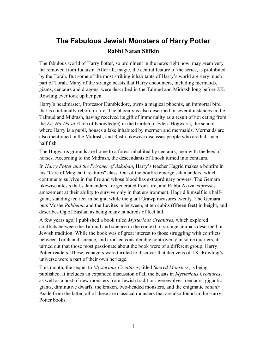 The Fabulous Jewish Monsters of Harry Potter