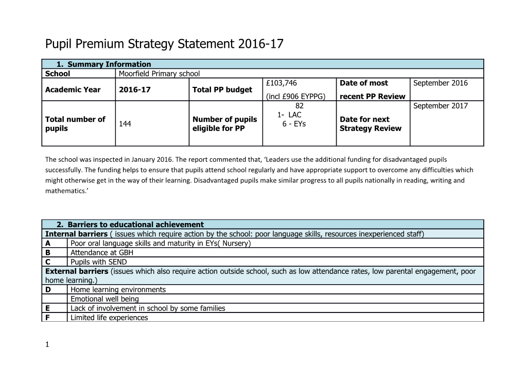 Pupil Premium Strategy Statement 2016-17