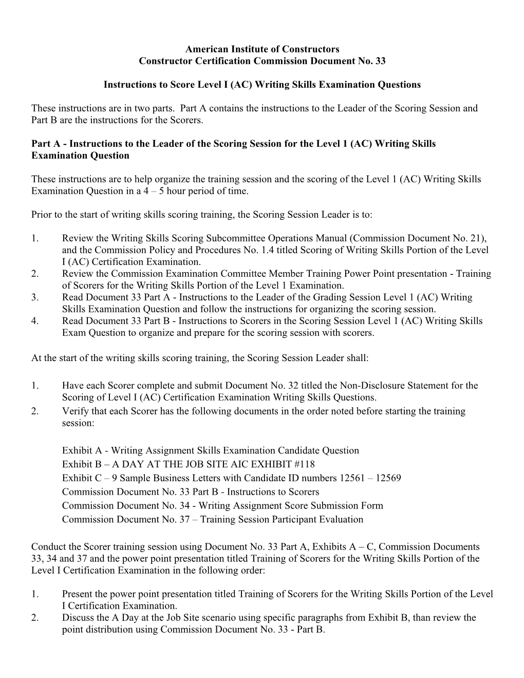 Commission Document No. 33 - Instructions to Score Level 1 (AC) Writing Skills Examination