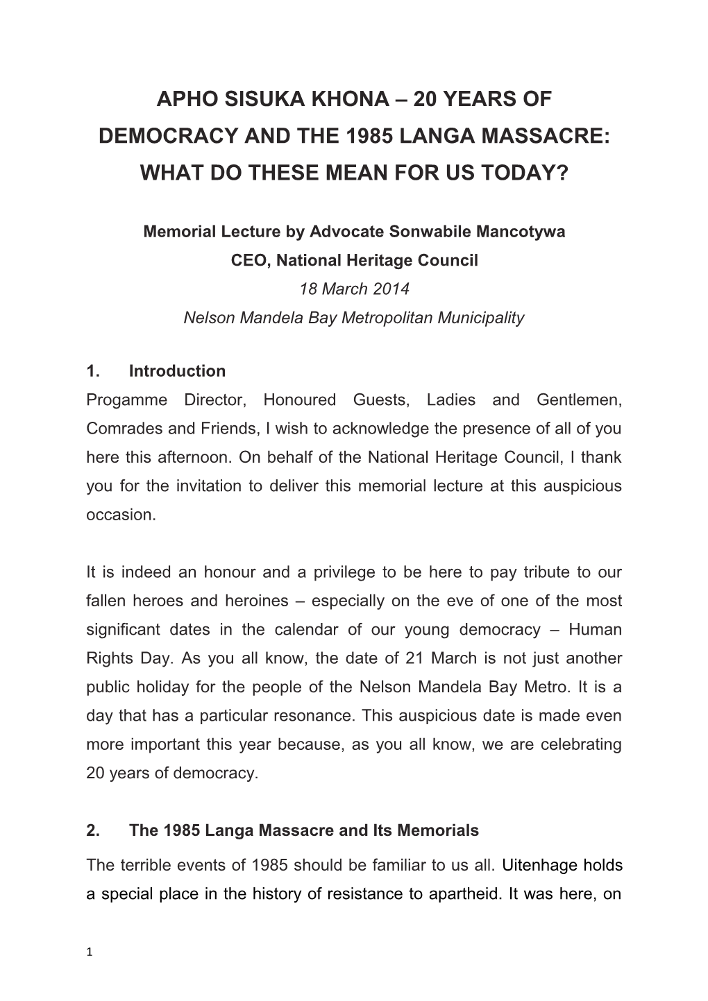 Memorial Lecture by Advocate Sonwabile Mancotywa