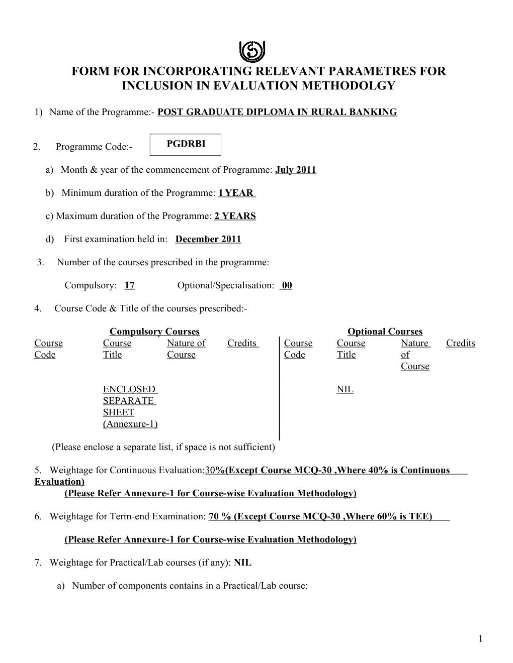 Form for Incorporating Relevant Parametres for Inclusion in Evaluation Methodolgy