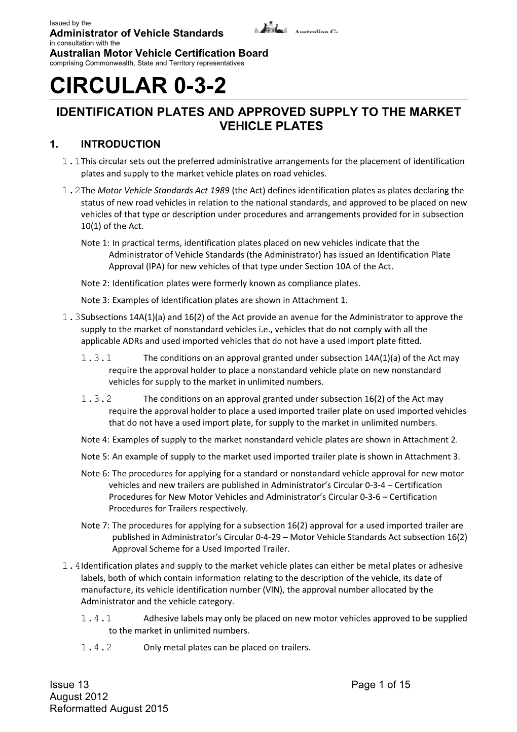 Identification Plates and Approved Supply to the Market Vehicle Plates