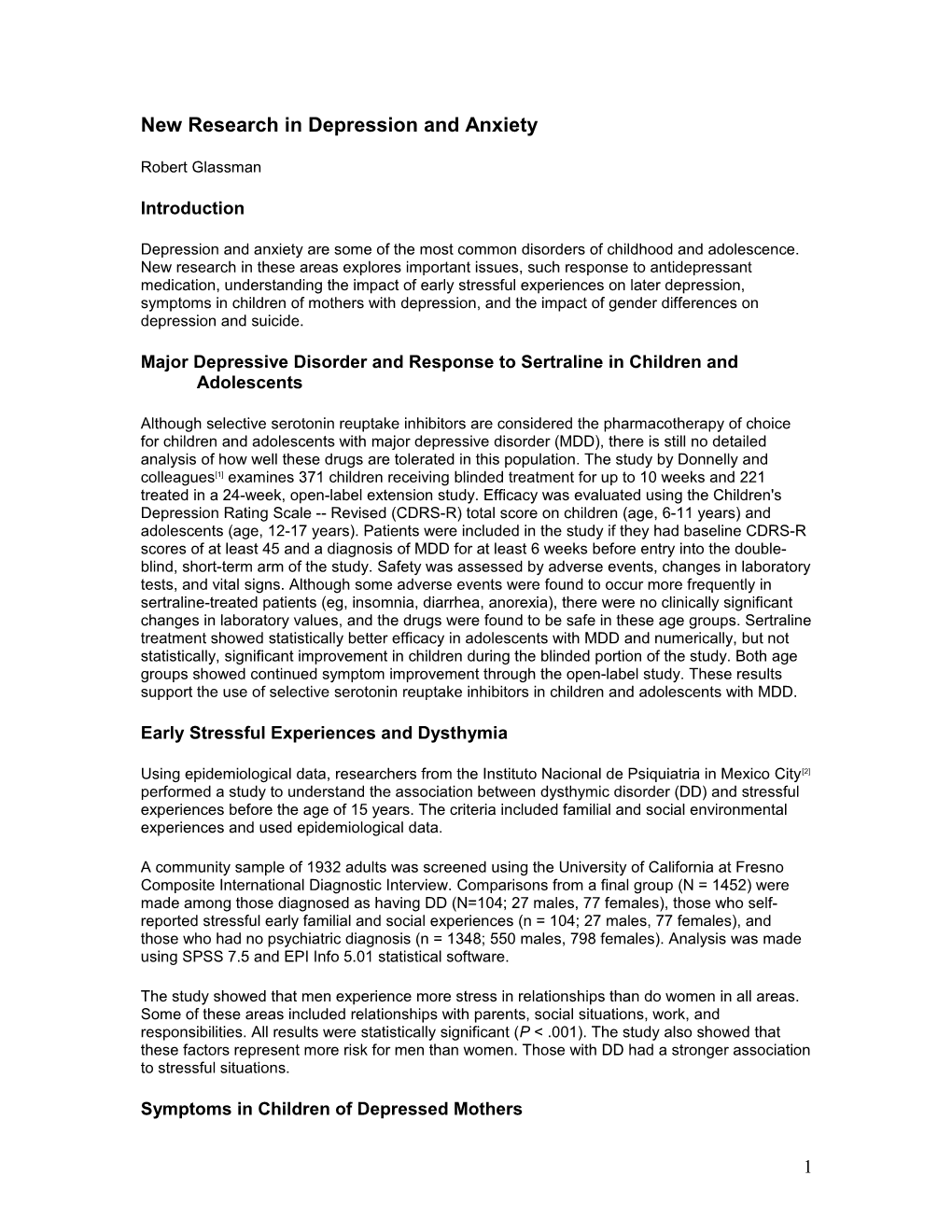 New Research in Depression and Anxiety