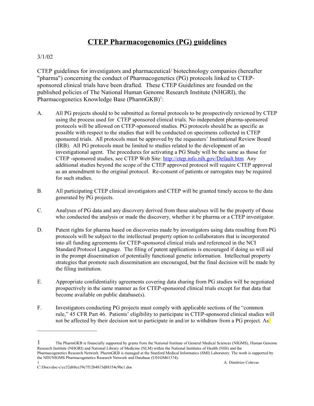 CTEP Pharmacogenomics (PG) Guidelines