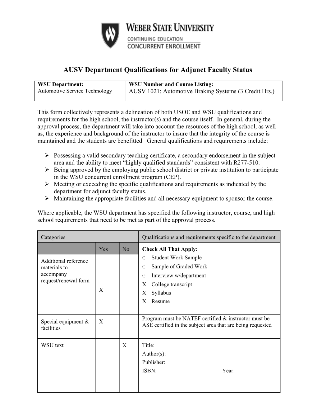 AUSV Department Qualifications for Adjunct Faculty Status