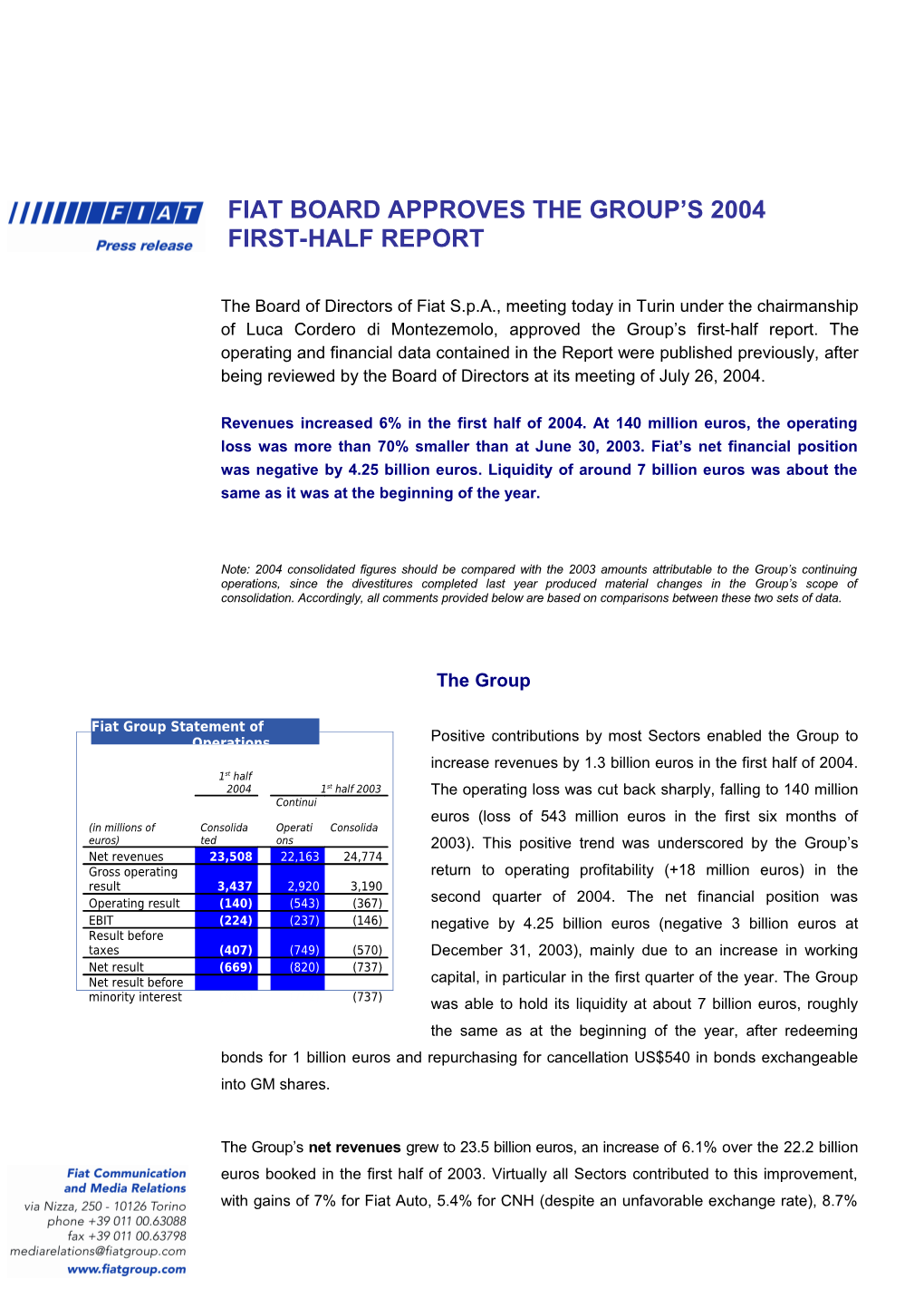 The Fiat Board of Directors Approves the Group S 2004 First-Half Report