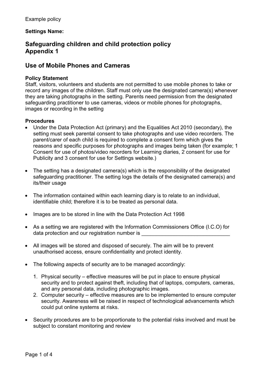 Use of Mobile Phones and Cameras