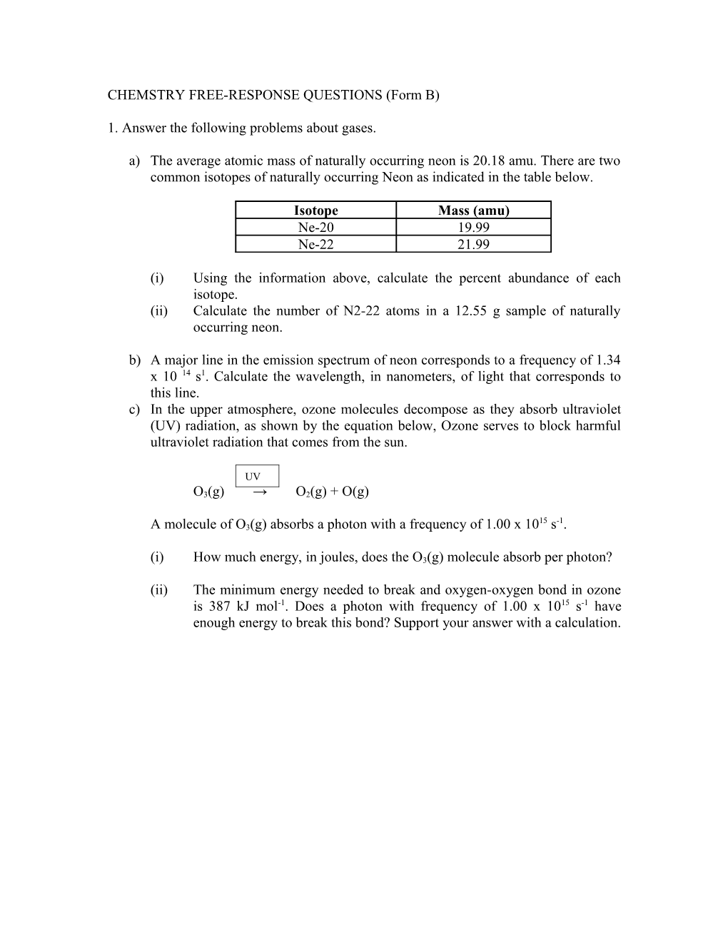 CHEMSTRY FREE-RESPONSE QUESTIONS (Form B)